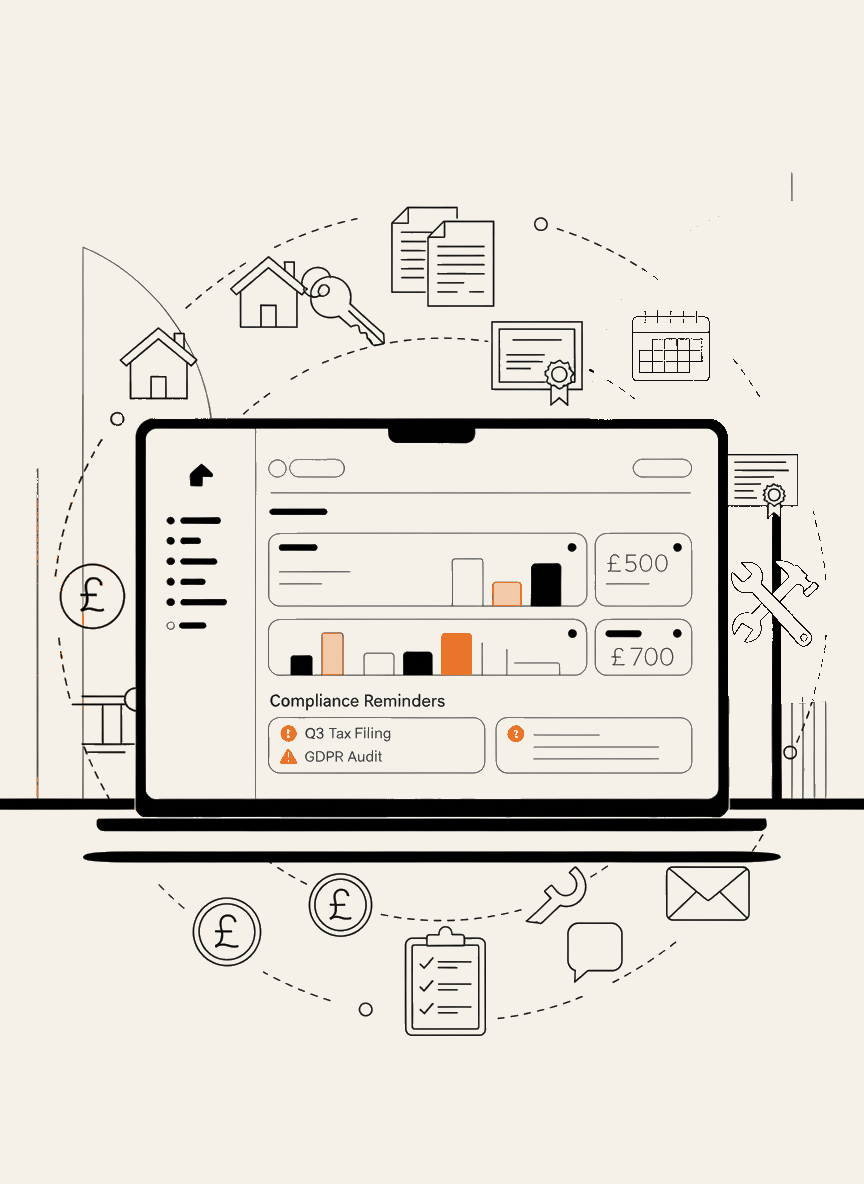 UBiQS on a laptop: a property compliance dashboard with reminders and records