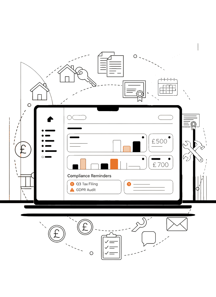 UBiQS on a laptop: a property compliance dashboard with reminders and records