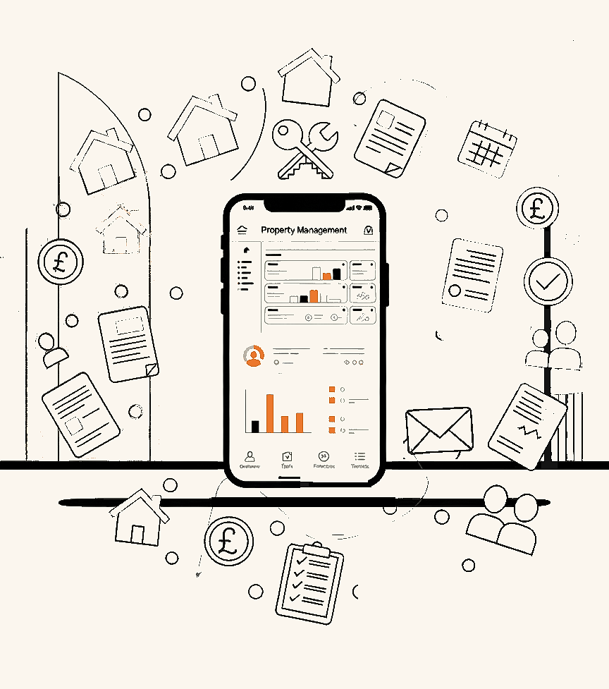 UBiQS on a phone: a property management dashboard surrounded by compliance tasks