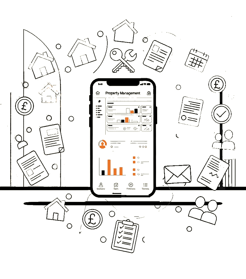 UBiQS on a phone: a property management dashboard surrounded by compliance tasks